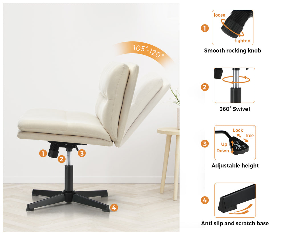Oikiture Mid Back Armless Office Chair Wide Seat Linen Beige-Office Chairs-PEROZ Accessories