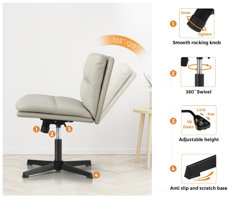 Oikiture Mid Back Armless Office Chair Wide Seat Leather Beige-Office Chairs-PEROZ Accessories