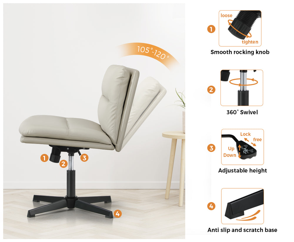 Oikiture Mid Back Armless Office Chair Wide Seat Leather Beige-Office Chairs-PEROZ Accessories