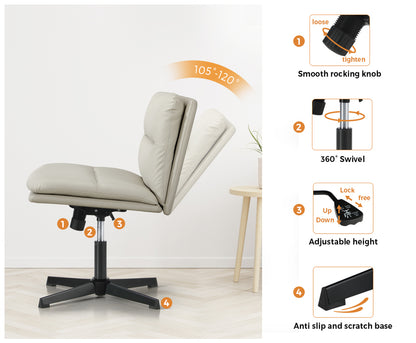 Oikiture Mid Back Armless Office Chair Wide Seat Leather Beige-Office Chairs-PEROZ Accessories