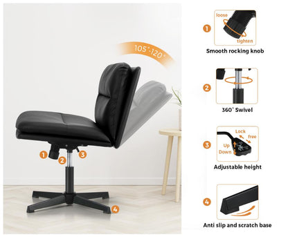 Oikiture Mid Back Armless Office Chair Wide Seat Leather Black-Office Chairs-PEROZ Accessories