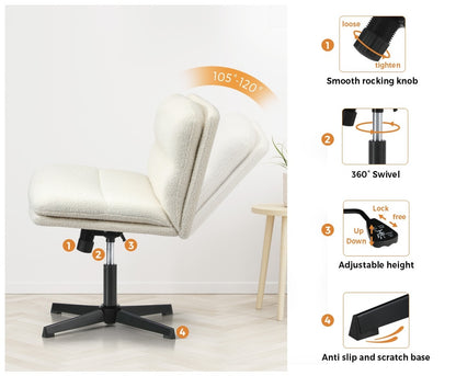 Oikiture Mid Back Armless Office Chair Wide Seat Boucle White-Office Chair-PEROZ Accessories