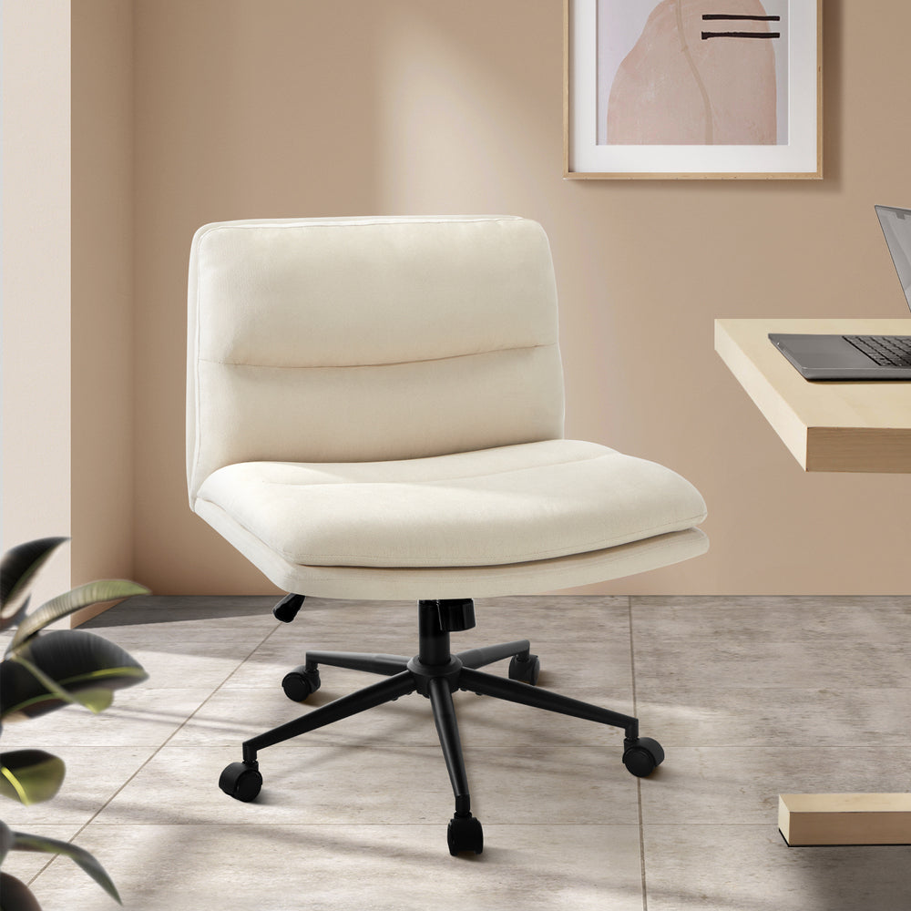 Oikiture Mid Back Office Chair Wide Seat Linen Beige with Wheels-Office Chairs-PEROZ Accessories