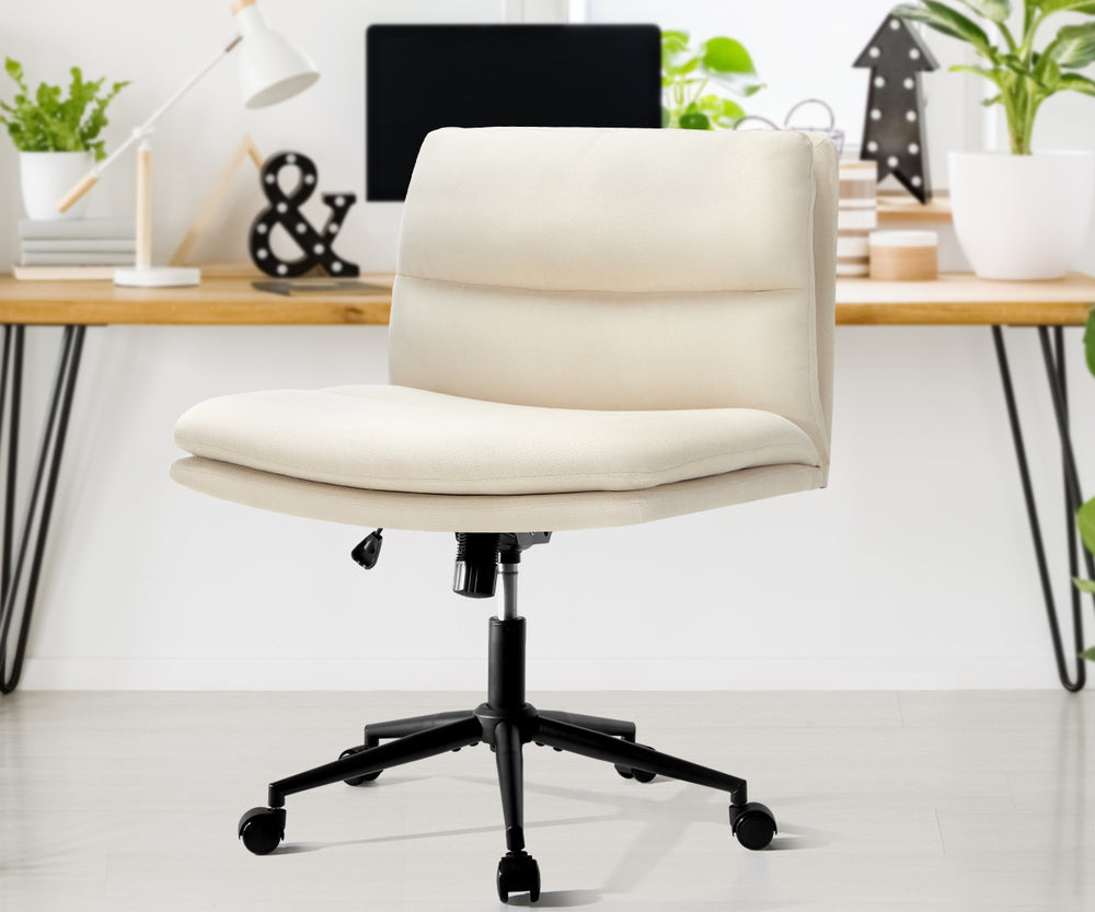 Oikiture Mid Back Office Chair Wide Seat Linen Beige with Wheels-Office Chairs-PEROZ Accessories
