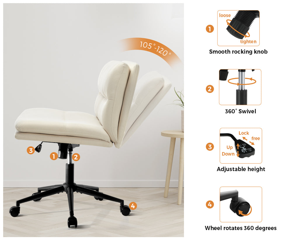 Oikiture Mid Back Office Chair Wide Seat Linen Beige with Wheels-Office Chairs-PEROZ Accessories