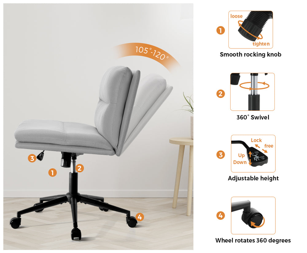 Oikiture Mid Back Office Chair Wide Seat Linen Grey with Wheels-Office Chairs-PEROZ Accessories