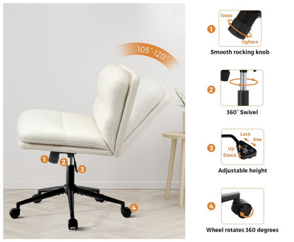 Oikiture Armless Office Chair Wide Seat Boucle White with Wheels-Office Chair-PEROZ Accessories