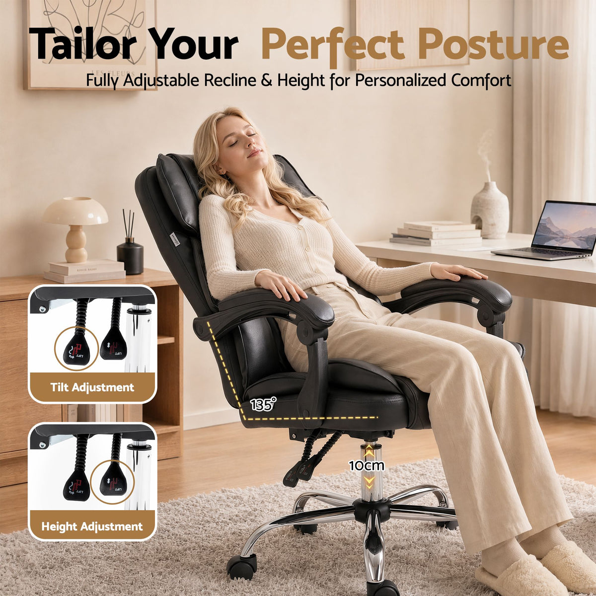 Artiss Executive Office Chair Leather Recliner Black-Office Chairs-PEROZ Accessories