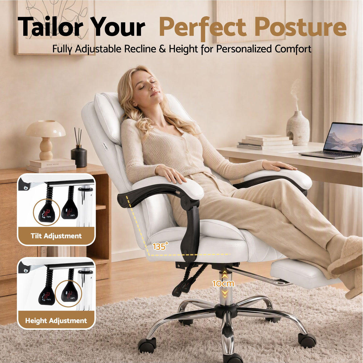 Artiss Executive Office Chair Leather Footrest White-Furniture > Bar Stools &amp; Chairs-PEROZ Accessories