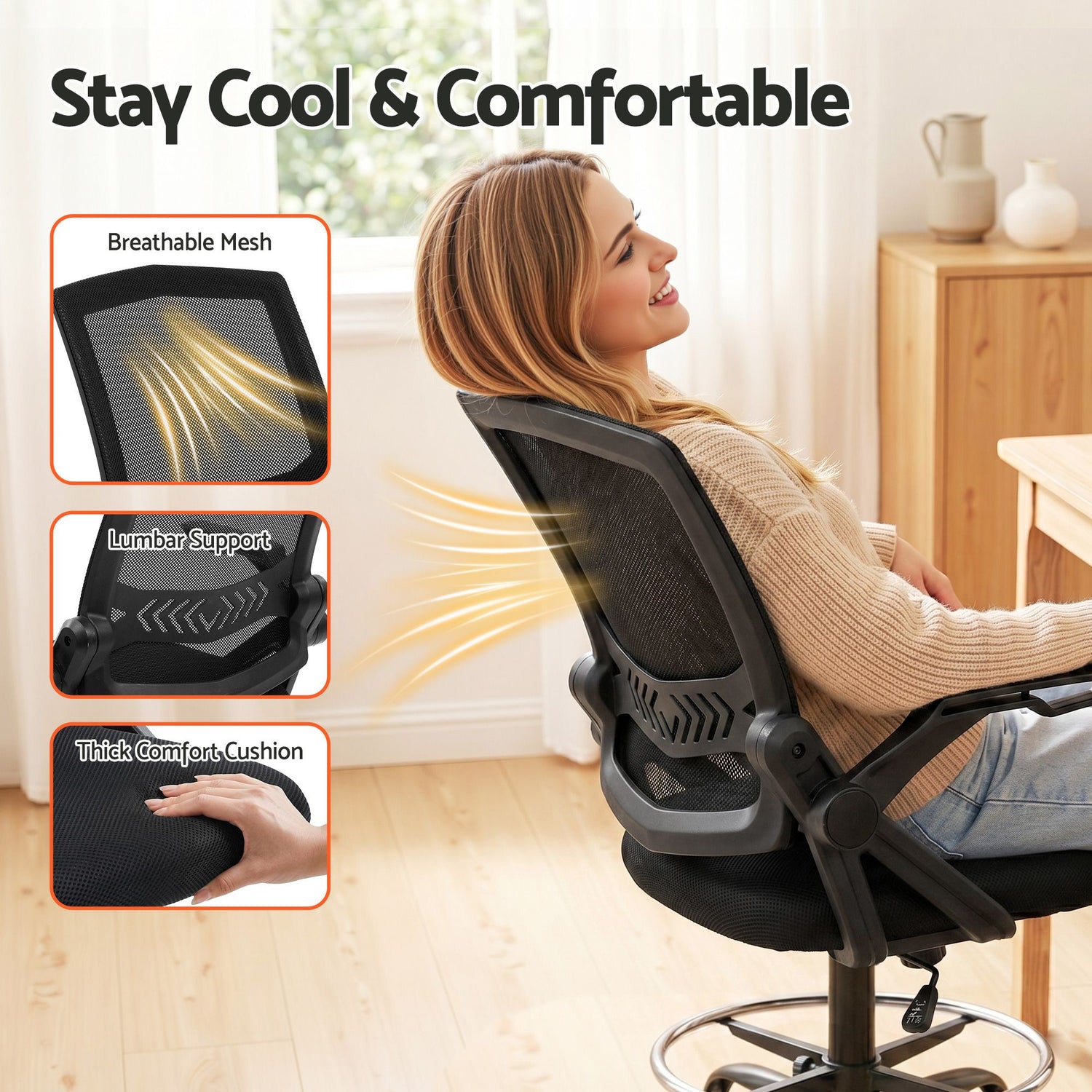 Artiss Office Chair Drafting Stool Mesh Chairs Black-Furniture > Office-PEROZ Accessories