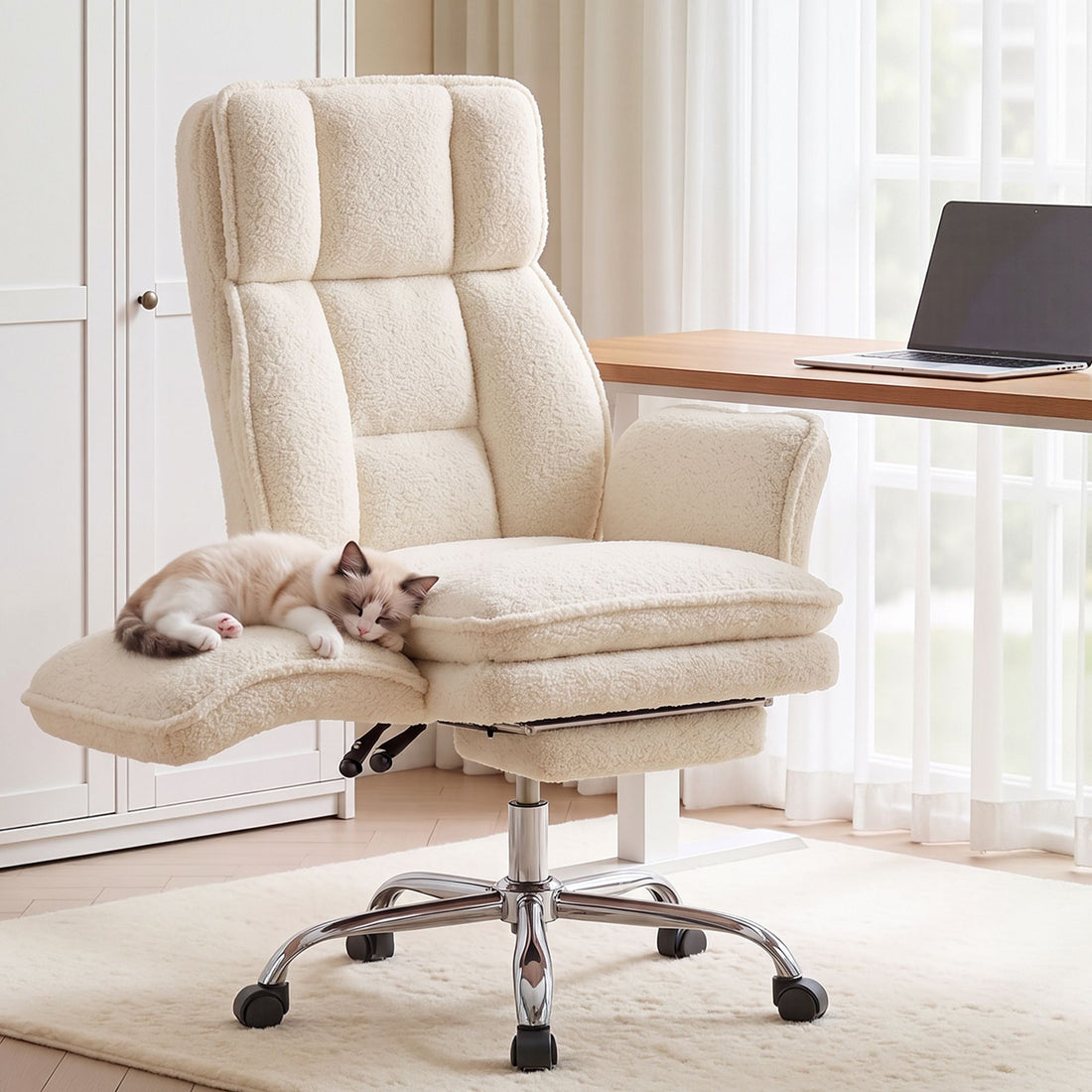 Artiss Big &amp; Tall Criss Cross Office Chair with Flip Armrests Foot Rest Reclining Teddy Fleece Beige-Furniture > Office > Office &amp; Desk Chairs-PEROZ Accessories