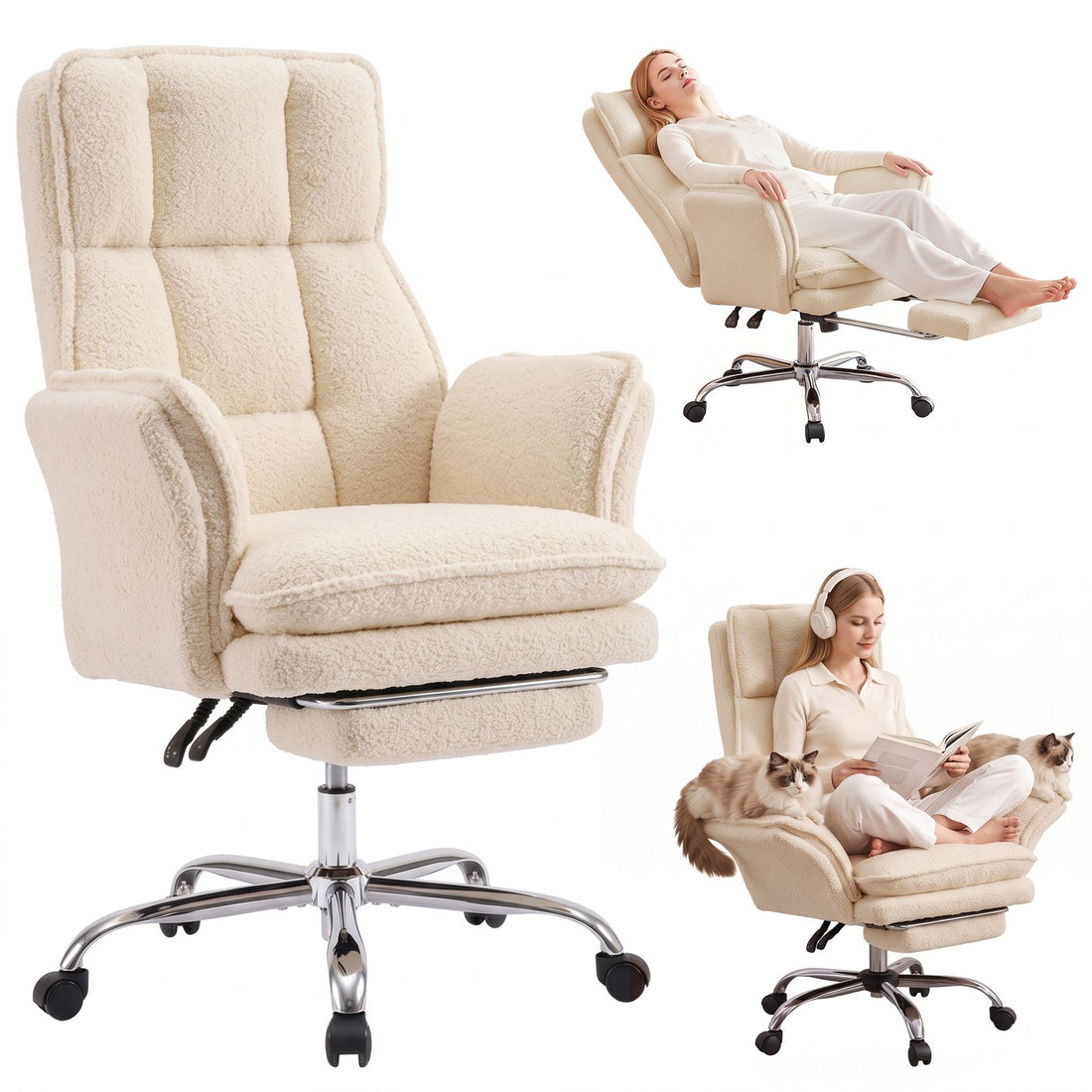Artiss Big &amp; Tall Criss Cross Office Chair with Flip Armrests Foot Rest Reclining Teddy Fleece Beige-Furniture > Office > Office &amp; Desk Chairs-PEROZ Accessories