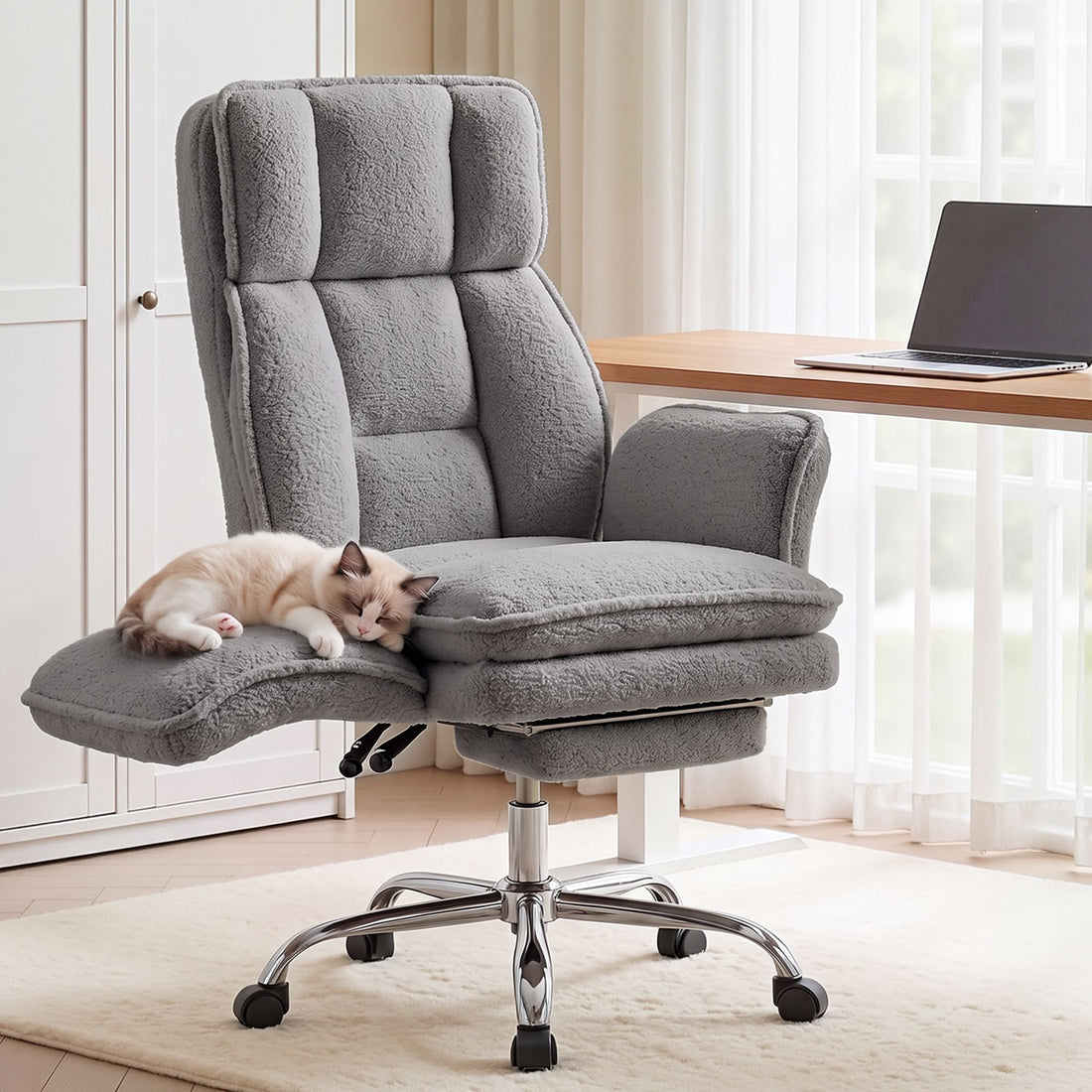 Artiss Big &amp; Tall Criss Cross Office Chair with Flip Armrests Foot Rest Reclining Teddy Fleece Grey-Furniture > Office > Office &amp; Desk Chairs-PEROZ Accessories