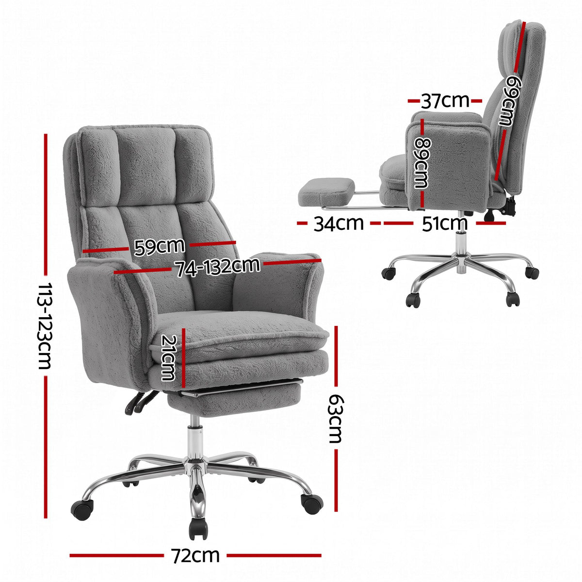 Artiss Big &amp; Tall Criss Cross Office Chair with Flip Armrests Foot Rest Reclining Teddy Fleece Grey-Furniture > Office > Office &amp; Desk Chairs-PEROZ Accessories