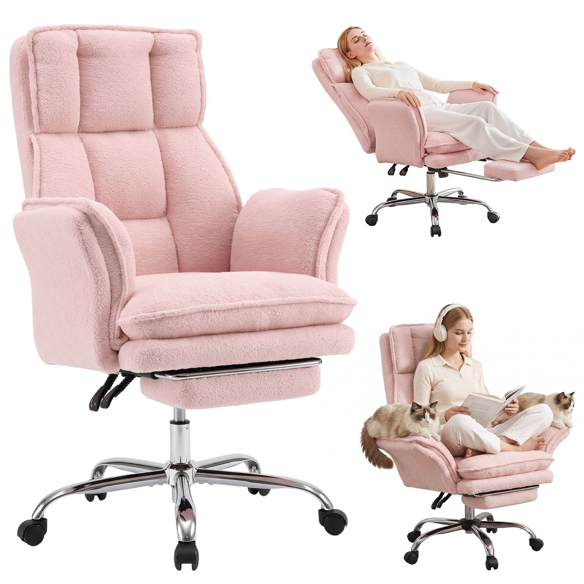 Artiss Big &amp; Tall Criss Cross Office Chair with Flip Armrests Foot Rest Reclining Teddy Fleece Pink-Furniture > Office > Office &amp; Desk Chairs-PEROZ Accessories
