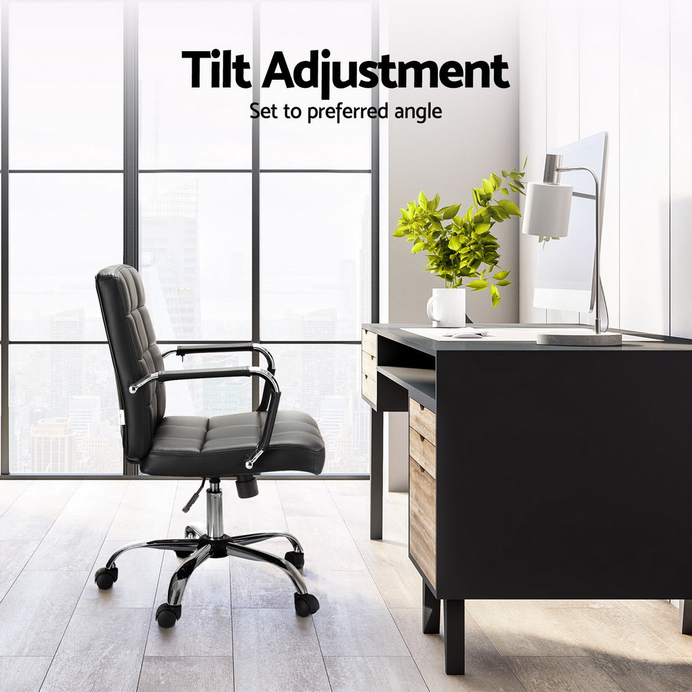 Artiss Office Chair PU Leather Mid Back Black-Furniture &gt; Bar Stools &amp; Chairs-PEROZ Accessories