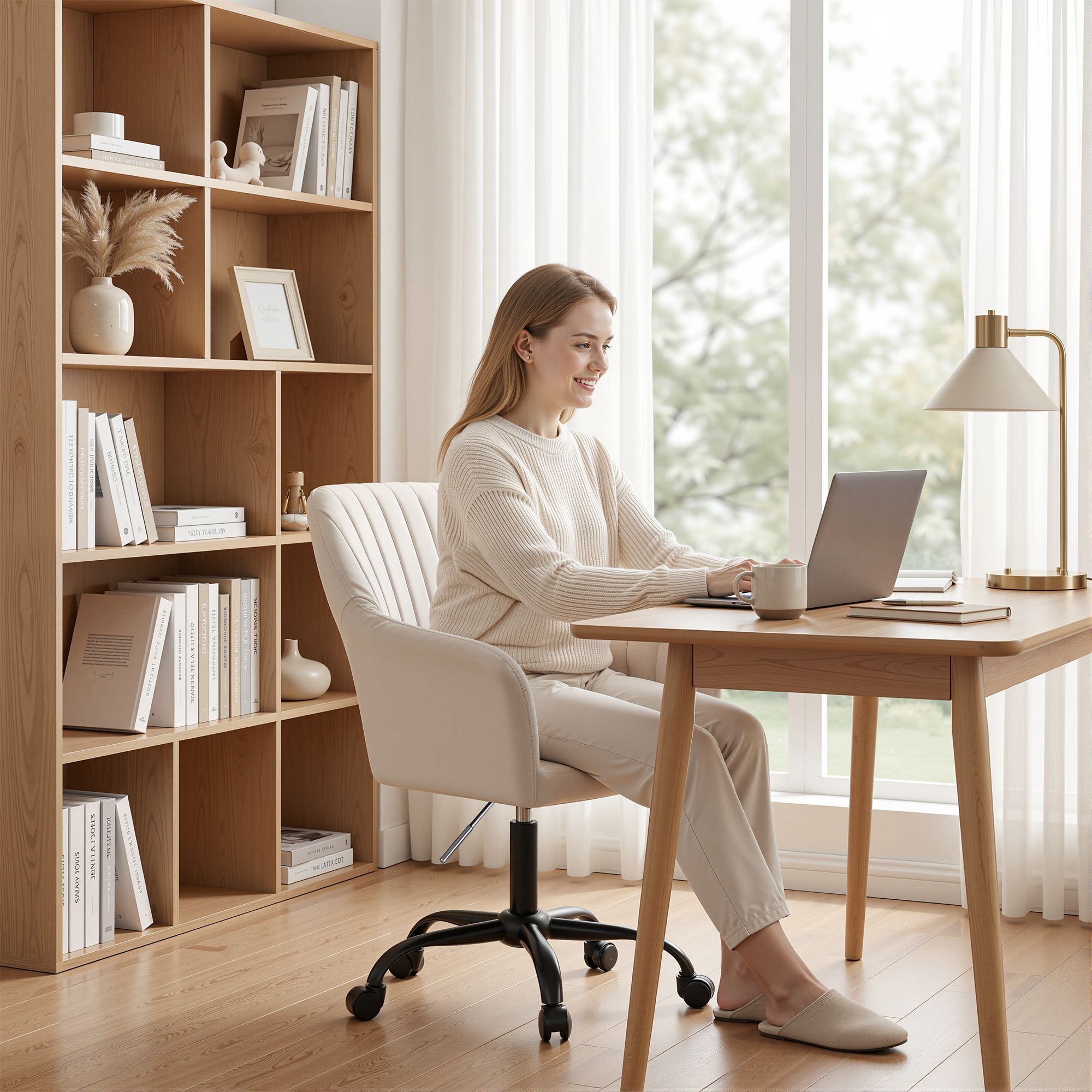 Artiss Office Chair Velvet Seat Cream-Furniture > Bar Stools &amp; Chairs-PEROZ Accessories