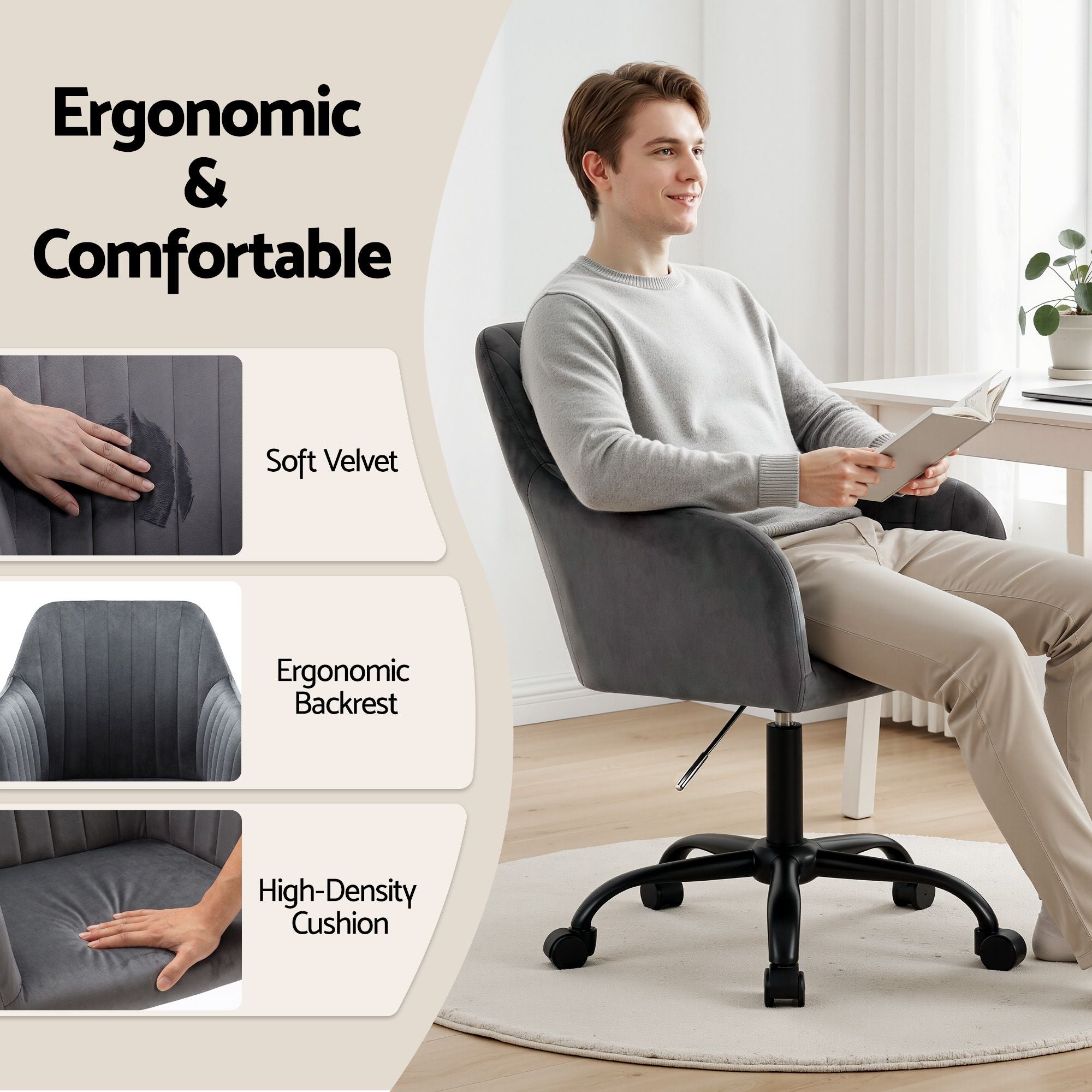 Artiss Office Chair Velvet Seat Dark Grey-Furniture > Bar Stools &amp; Chairs-PEROZ Accessories