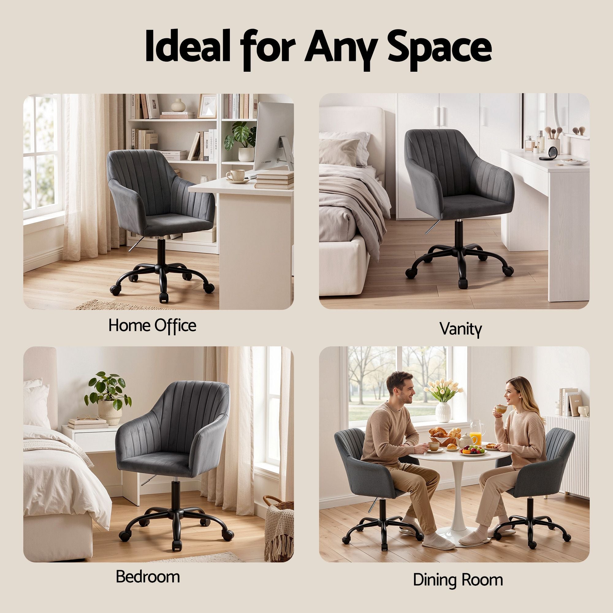 Artiss Office Chair Velvet Seat Dark Grey-Furniture > Bar Stools &amp; Chairs-PEROZ Accessories