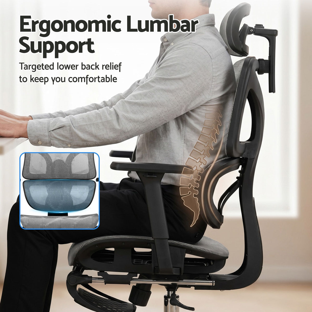 Artiss Ergonomic Office Chair Footrest Grey-Furniture > Bar Stools &amp; Chairs-PEROZ Accessories