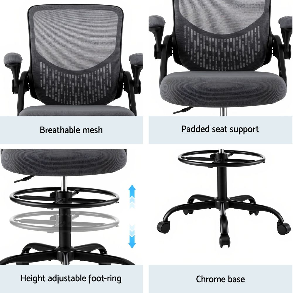 Artiss Office Chair Drafting Chairs Stool Computer Desk Studios Mesh Grey-Furniture > Office > Office &amp; Desk Chairs-PEROZ Accessories
