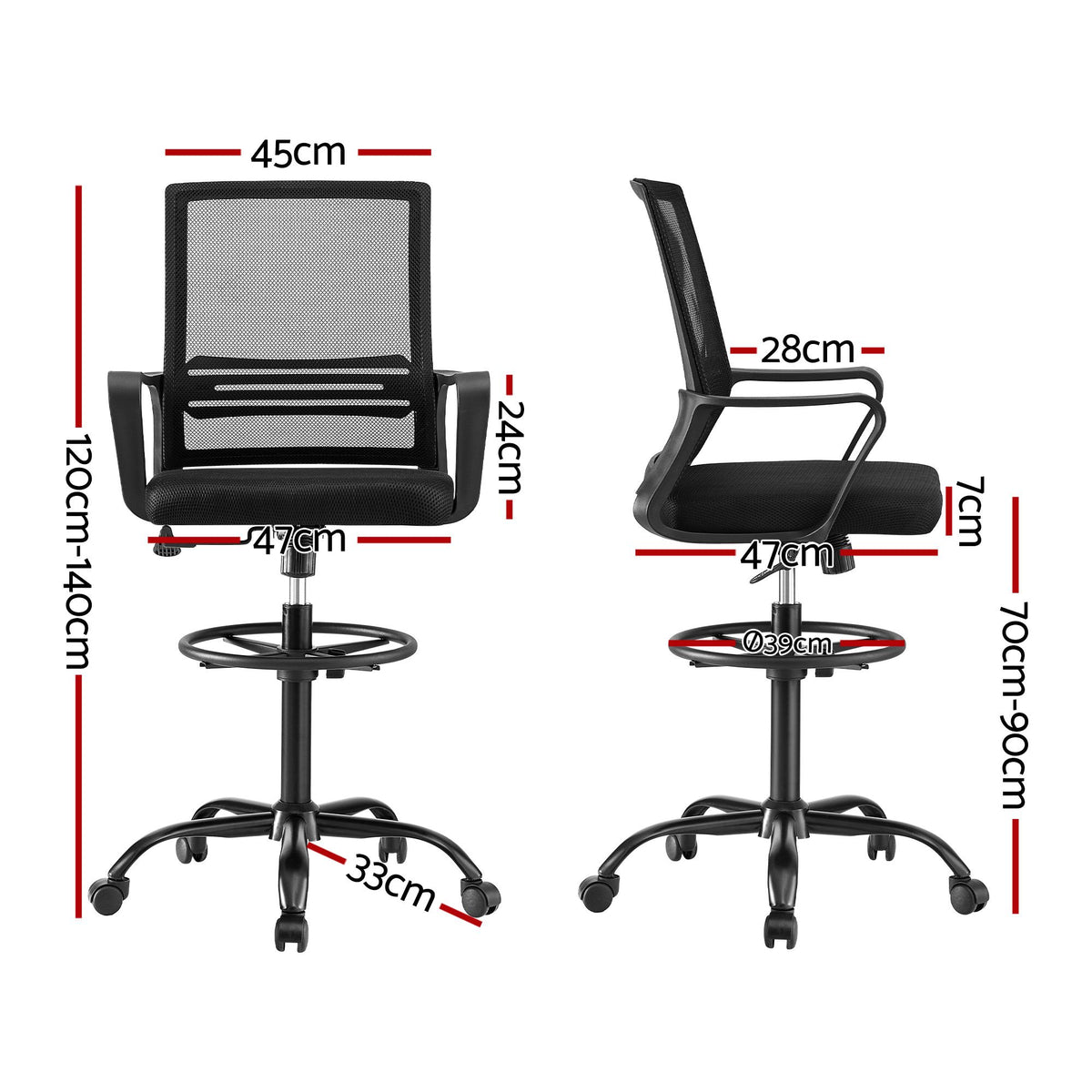Artiss Office Chair Drafting Chairs Stool Computer Desk Studios Mesh Black-Furniture > Office > Office &amp; Desk Chairs-PEROZ Accessories
