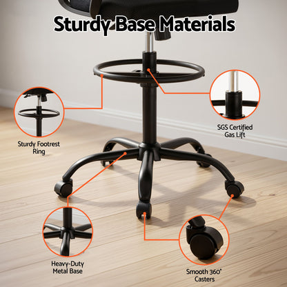Artiss Office Chair Drafting Chairs Stool Computer Desk Studios Mesh Black-Furniture > Office > Office &amp; Desk Chairs-PEROZ Accessories