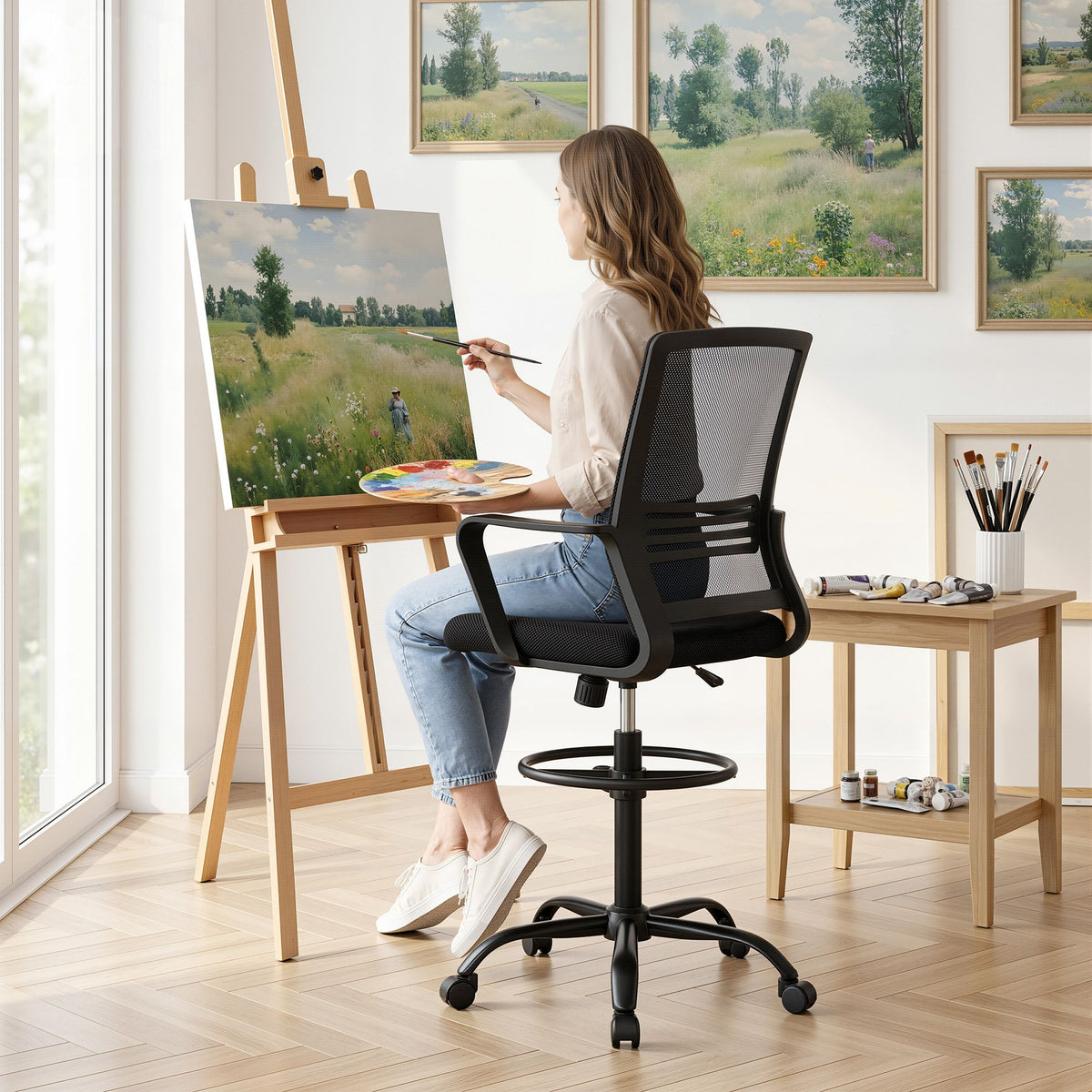 Artiss Office Chair Drafting Chairs Stool Computer Desk Studios Mesh Black-Furniture > Office > Office &amp; Desk Chairs-PEROZ Accessories