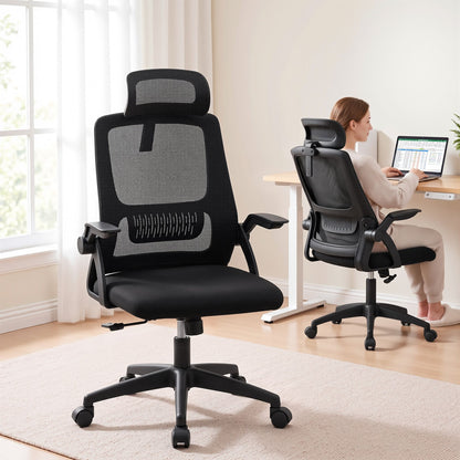 Artiss Ergonomic Office Chair Mesh Deak Chair with Flip-up Arms Adjustable Headrest Black-Furniture > Office > Office &amp; Desk Chairs-PEROZ Accessories
