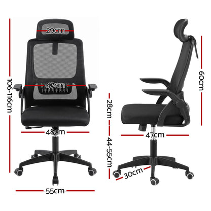 Artiss Ergonomic Office Chair Mesh Deak Chair with Flip-up Arms Adjustable Headrest Black-Furniture > Office > Office &amp; Desk Chairs-PEROZ Accessories