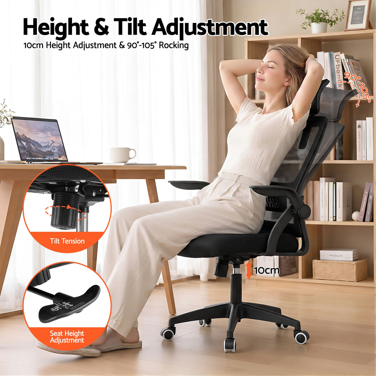 Artiss Ergonomic Office Chair Mesh Deak Chair with Flip-up Arms Adjustable Headrest Black-Furniture > Office > Office &amp; Desk Chairs-PEROZ Accessories