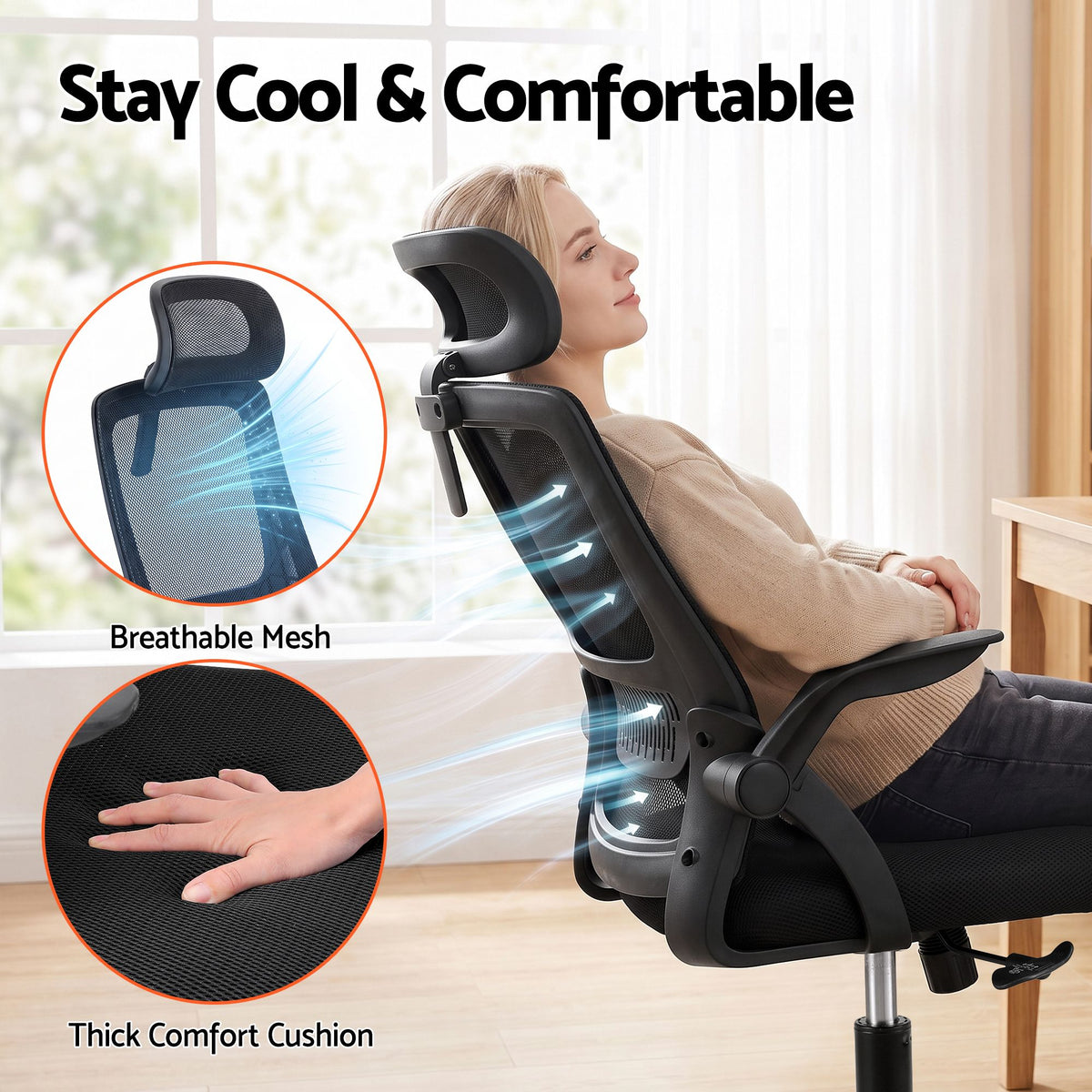 Artiss Ergonomic Office Chair Mesh Deak Chair with Flip-up Arms Adjustable Headrest Black-Furniture > Office > Office &amp; Desk Chairs-PEROZ Accessories