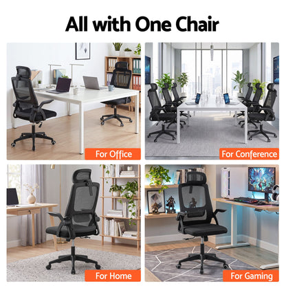 Artiss Ergonomic Office Chair Mesh Deak Chair with Flip-up Arms Adjustable Headrest Black-Furniture > Office > Office &amp; Desk Chairs-PEROZ Accessories