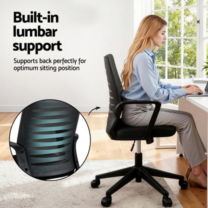 Artiss Ergonomic Office Chair Mesh Computer Desk Chairs with Lumbar Support, Height Adjustment Swivel Chair Mid Back for Home Office Study, Black-Furniture &gt; Office &gt; Office &amp; Desk Chairs-PEROZ Accessories