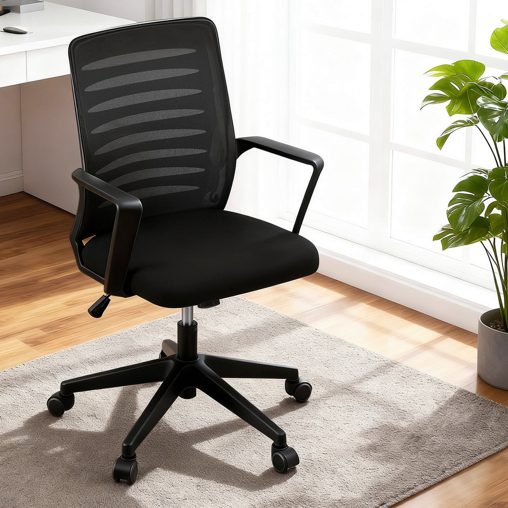 Artiss Ergonomic Office Chair Mesh Computer Desk Chairs with Lumbar Support, Height Adjustment Swivel Chair Mid Back for Home Office Study, Black-Furniture &gt; Office &gt; Office &amp; Desk Chairs-PEROZ Accessories