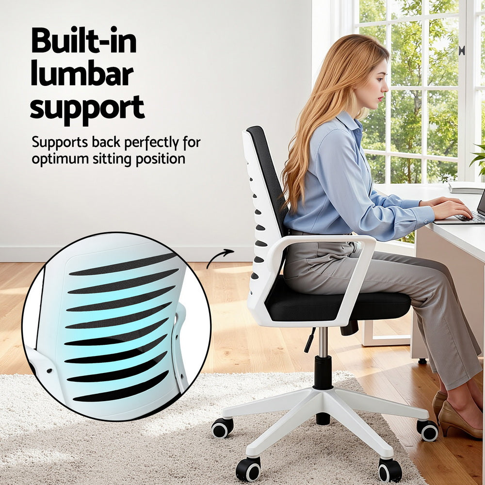 Artiss Ergonomic Office Chair Mesh Computer Desk Chairs with Lumbar Support, Height Adjustment Swivel Chair Mid Back for Home Office Study, Black and White-Furniture &gt; Office &gt; Office &amp; Desk Chairs-PEROZ Accessories