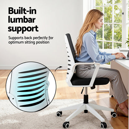 Artiss Ergonomic Office Chair Mesh Computer Desk Chairs with Lumbar Support, Height Adjustment Swivel Chair Mid Back for Home Office Study, Black and White-Furniture &gt; Office &gt; Office &amp; Desk Chairs-PEROZ Accessories