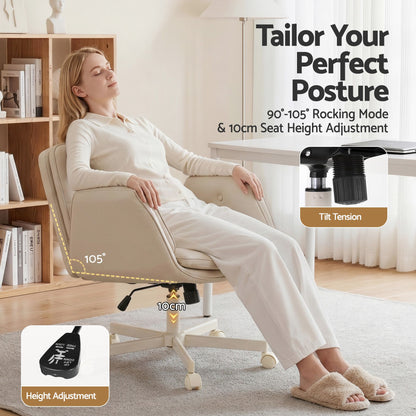 Artiss Criss Cross Chair with Wheels &amp; Adjustable Armrests, Ergonomic Cross Legged Office Desk Chair PU Leather Vanity Chair Swivel for Home, Make Up, Bedroom, Computer, Beige-Furniture > Office > Office &amp; Desk Chairs-PEROZ Accessories