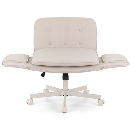 Artiss Criss Cross Chair with Wheels &amp; Adjustable Armrests, Ergonomic Cross Legged Office Desk Chair PU Leather Vanity Chair Swivel for Home, Make Up, Bedroom, Computer, Beige-Furniture > Office > Office &amp; Desk Chairs-PEROZ Accessories