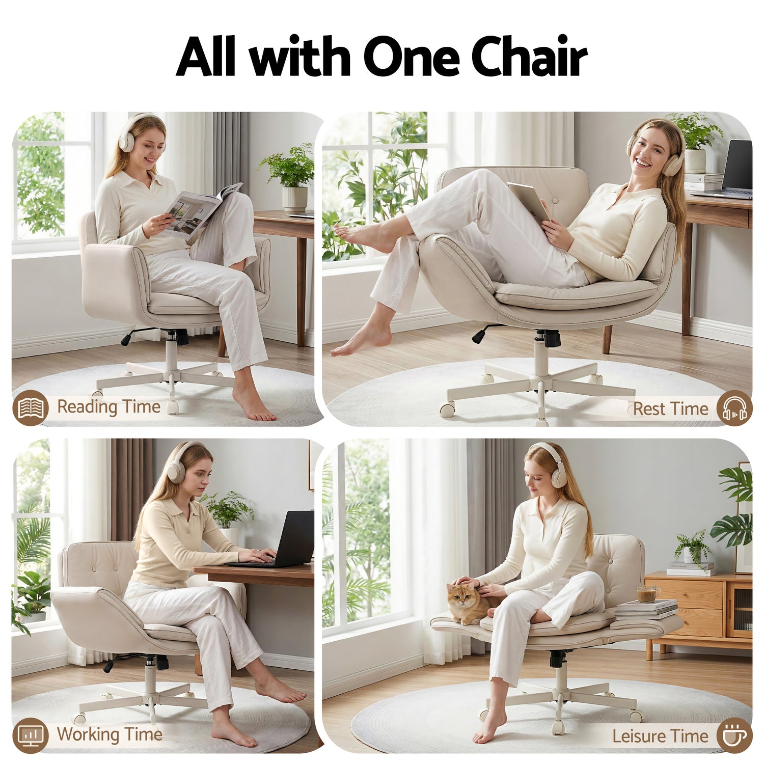 Artiss Criss Cross Chair with Wheels &amp; Adjustable Armrests, Ergonomic Cross Legged Office Desk Chair PU Leather Vanity Chair Swivel for Home, Make Up, Bedroom, Computer, Beige-Furniture > Office > Office &amp; Desk Chairs-PEROZ Accessories