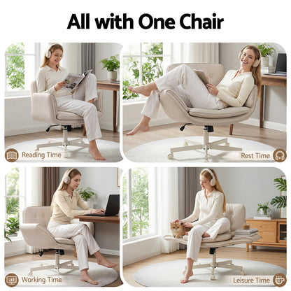 Artiss Criss Cross Chair with Wheels &amp; Adjustable Armrests, Ergonomic Cross Legged Office Desk Chair PU Leather Vanity Chair Swivel for Home, Make Up, Bedroom, Computer, Beige-Furniture > Office > Office &amp; Desk Chairs-PEROZ Accessories