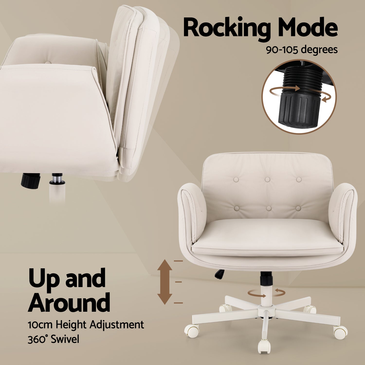 Artiss Criss Cross Chair with Wheels &amp; Adjustable Armrests, Ergonomic Cross Legged Office Desk Chair PU Leather Vanity Chair Swivel for Home, Make Up, Bedroom, Computer, Beige-Furniture > Office > Office &amp; Desk Chairs-PEROZ Accessories