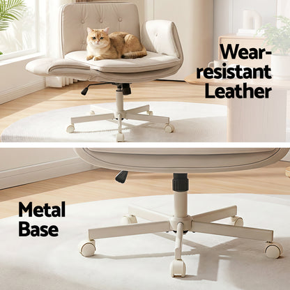 Artiss Criss Cross Chair with Wheels &amp; Adjustable Armrests, Ergonomic Cross Legged Office Desk Chair PU Leather Vanity Chair Swivel for Home, Make Up, Bedroom, Computer, Beige-Furniture > Office > Office &amp; Desk Chairs-PEROZ Accessories