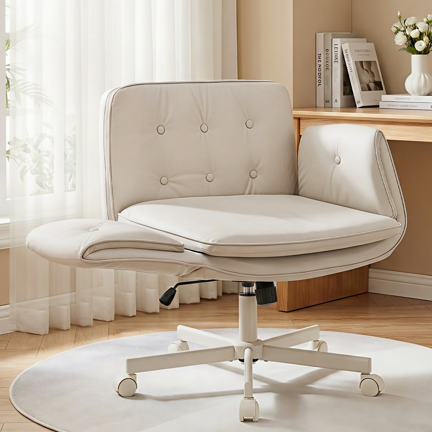 Artiss Criss Cross Chair with Wheels &amp; Adjustable Armrests, Ergonomic Cross Legged Office Desk Chair PU Leather Vanity Chair Swivel for Home, Make Up, Bedroom, Computer, Beige-Furniture > Office > Office &amp; Desk Chairs-PEROZ Accessories