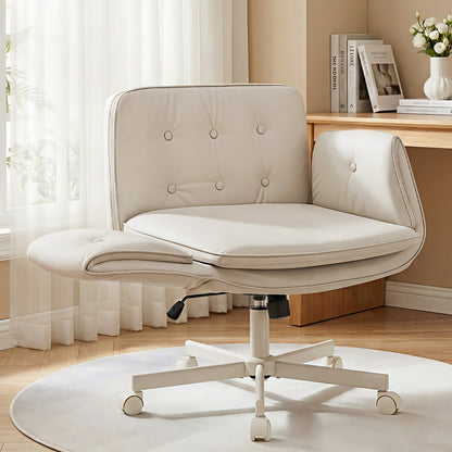 Artiss Criss Cross Chair with Wheels &amp; Adjustable Armrests, Ergonomic Cross Legged Office Desk Chair PU Leather Vanity Chair Swivel for Home, Make Up, Bedroom, Computer, Beige-Furniture > Office > Office &amp; Desk Chairs-PEROZ Accessories