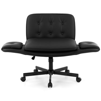 Artiss Criss Cross Chair with Wheels &amp; Adjustable Armrests, Ergonomic Cross Legged Office Desk Chair PU Leather Vanity Chair Swivel for Home, Make Up, Bedroom, Computer, Black