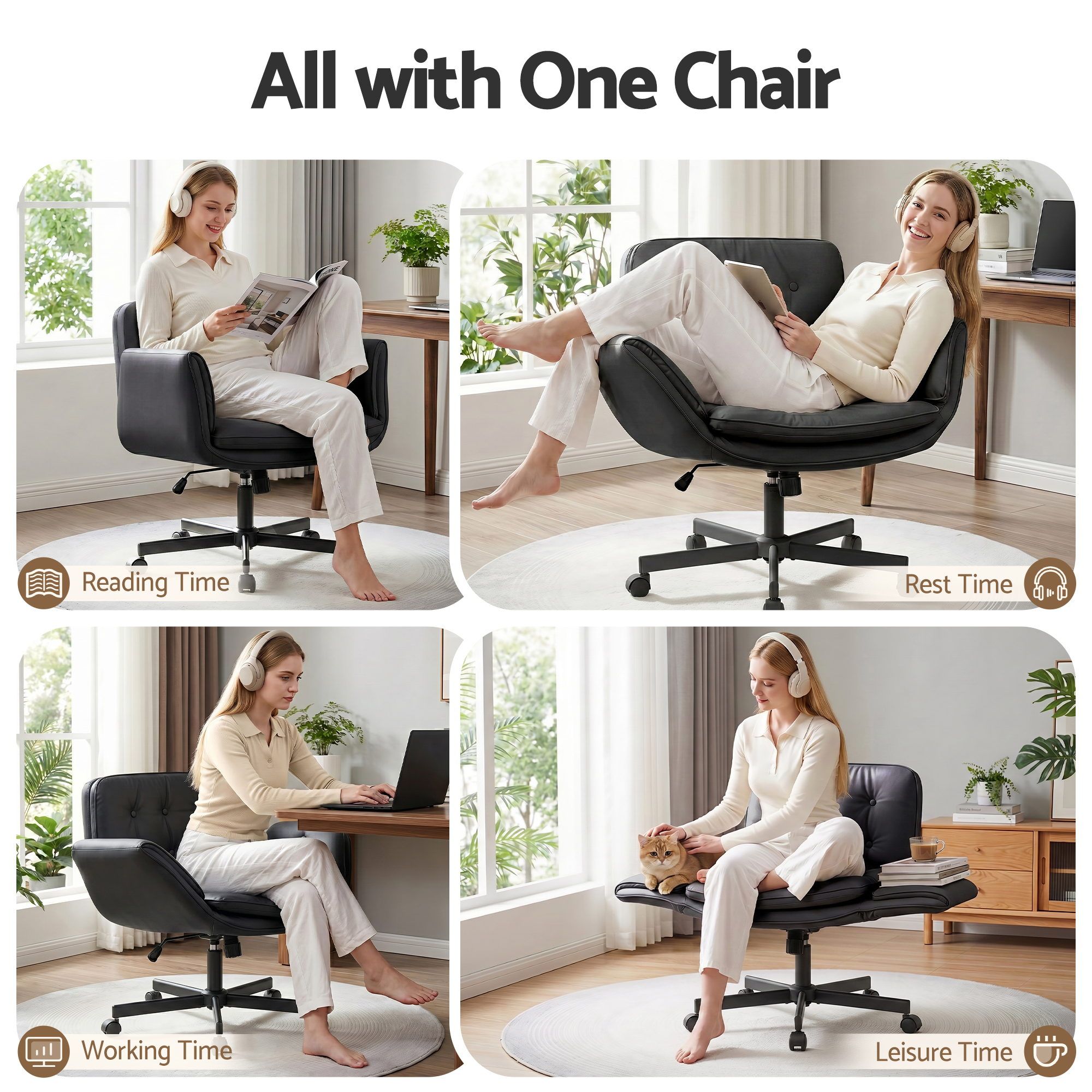 Artiss Criss Cross Chair with Wheels &amp; Adjustable Armrests, Ergonomic Cross Legged Office Desk Chair PU Leather Vanity Chair Swivel for Home, Make Up, Bedroom, Computer, Black
