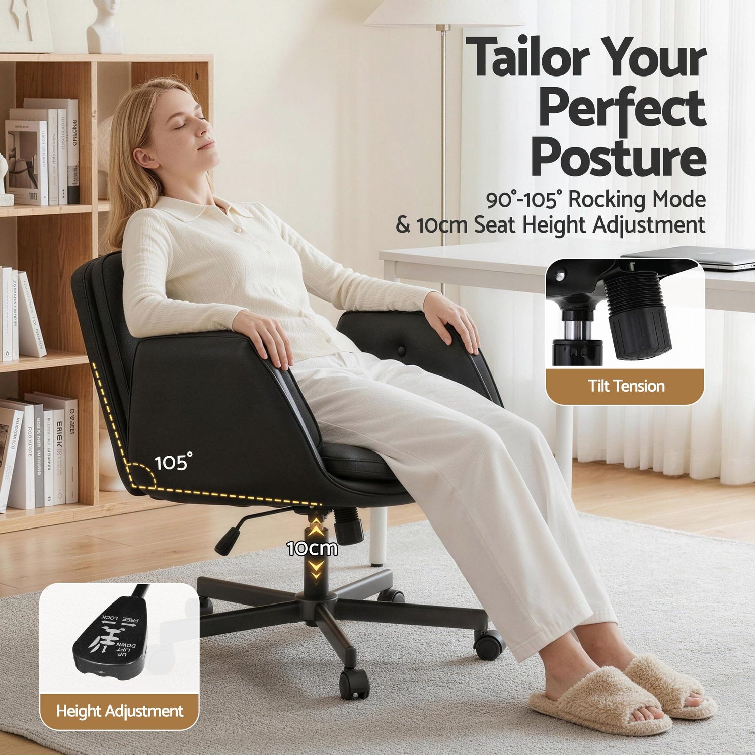 Artiss Criss Cross Chair with Wheels &amp; Adjustable Armrests, Ergonomic Cross Legged Office Desk Chair PU Leather Vanity Chair Swivel for Home, Make Up, Bedroom, Computer, Black