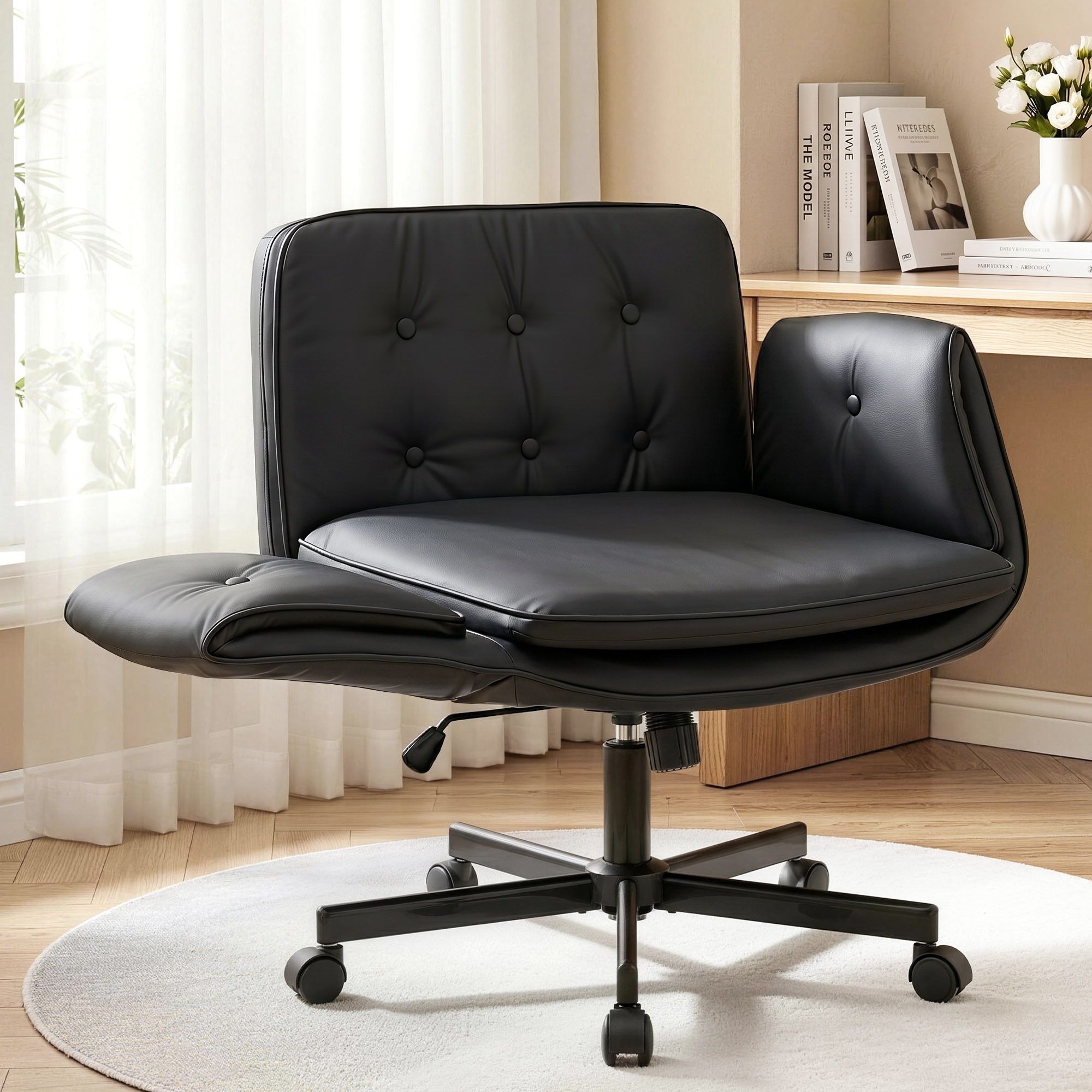 Artiss Criss Cross Chair with Wheels &amp; Adjustable Armrests, Ergonomic Cross Legged Office Desk Chair PU Leather Vanity Chair Swivel for Home, Make Up, Bedroom, Computer, Black