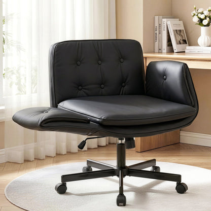 Artiss Criss Cross Chair with Wheels &amp; Adjustable Armrests, Ergonomic Cross Legged Office Desk Chair PU Leather Vanity Chair Swivel for Home, Make Up, Bedroom, Computer, Black